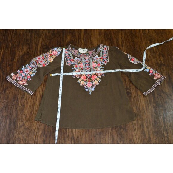 Savanna Jane Embroidered Tunic Brown Top Women's Size Large Floral Boho READ - Picture 3 of 7